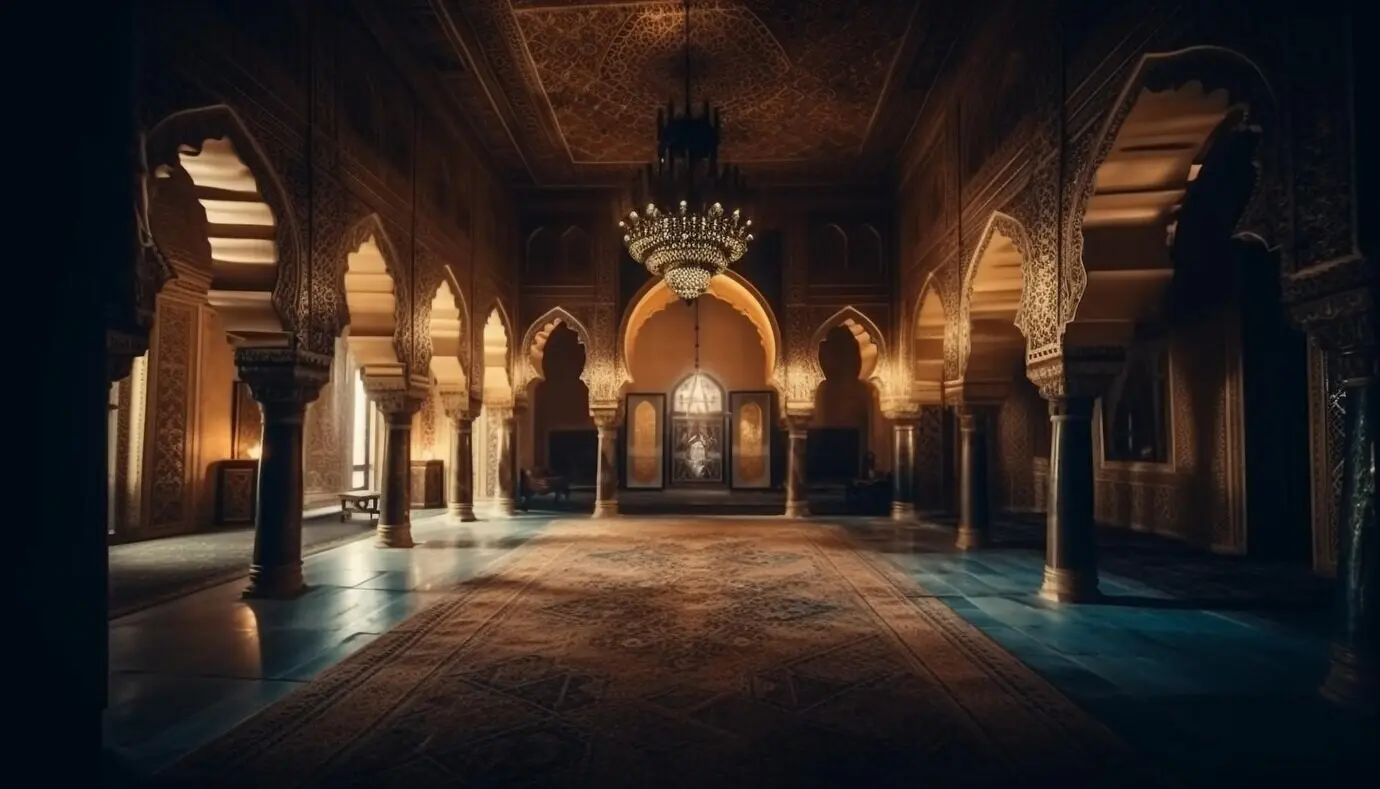 A mosque interior with a large carpet and a large chandelier suspended from the ceiling.