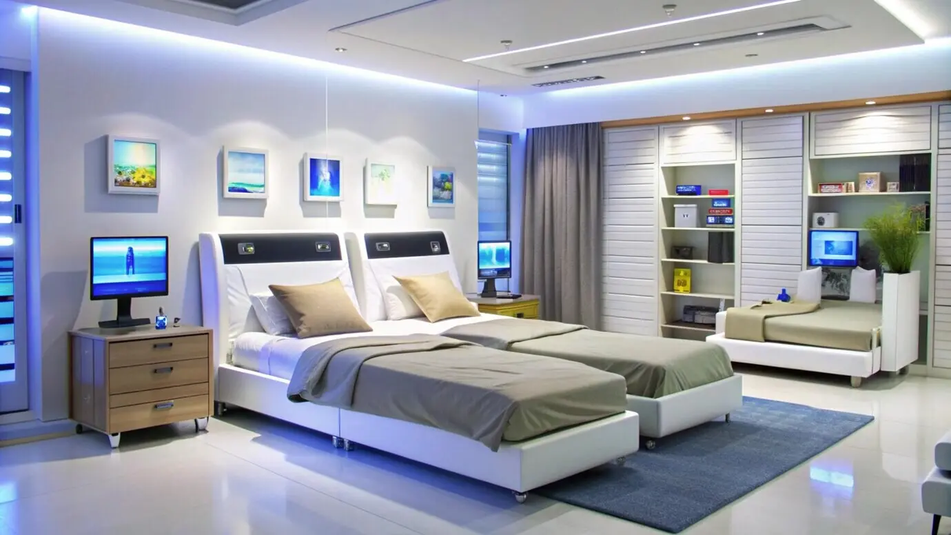 Contemporary bedroom featuring twin beds and a blue rug