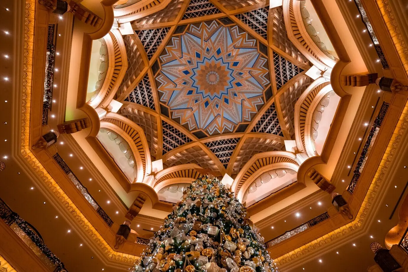 A low-angle shot of the Christmas tree inside Emirates Palace in Abu Dhabi, UAE.